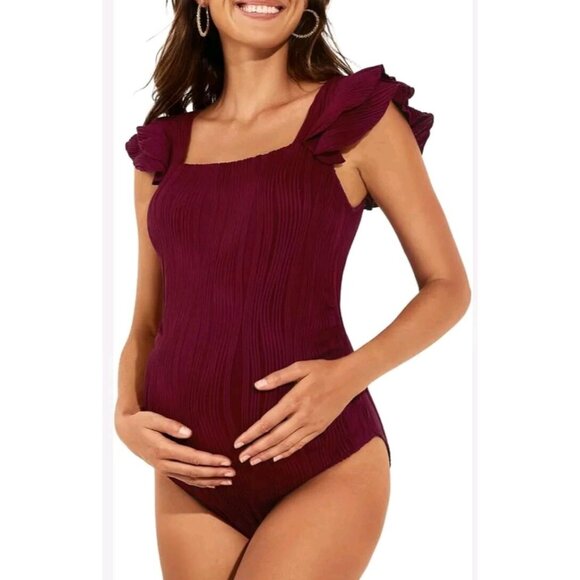 Summer Mae Maternity Swimsuit Womens 14 Ruffle Sleeve Retro Square Neck Red NWT - Picture 1 of 5